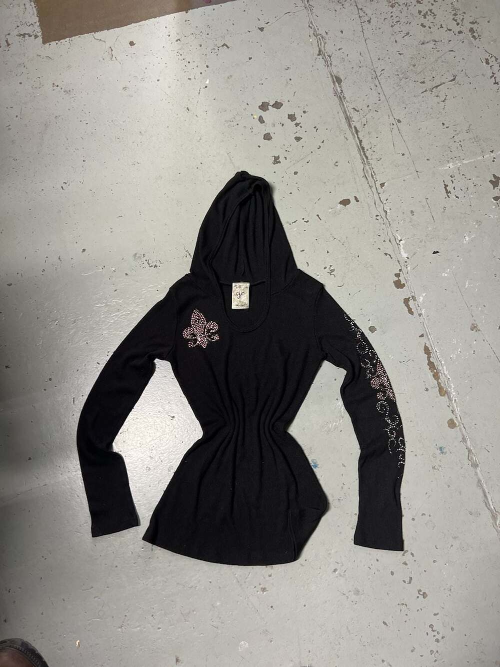 Vocal Black Y2K Rhinestone Fleur De Lis Hoodie Pullover Shirt